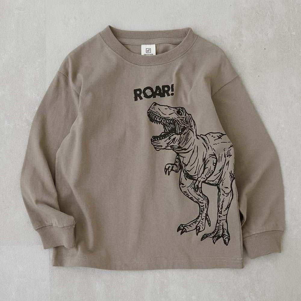 100%棉 定番印花長袖上衣-恐龍-卡其棕