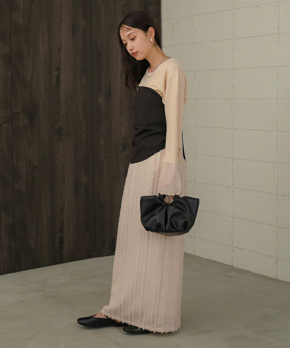 日本 Bab - 楊柳拼接珍珠薄長袖上衣-米杏