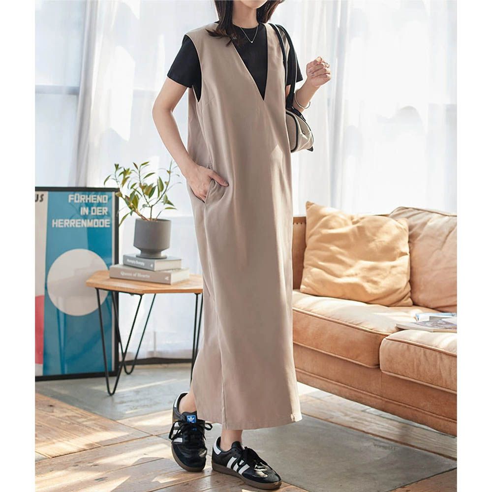 俐落精緻深V修長連身洋裝-(可選長度)-卡其