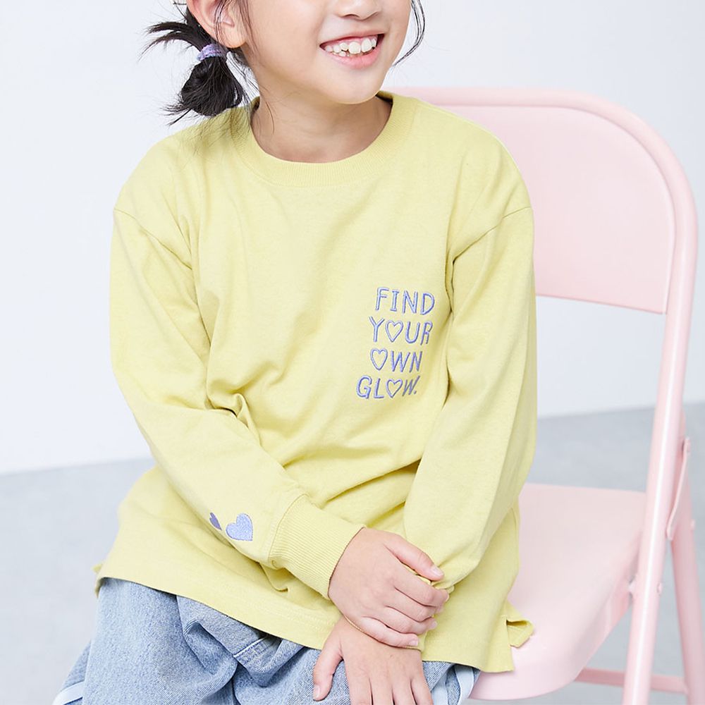 100%棉 甜美手腕刺繡長袖上衣-小愛心-淺黃