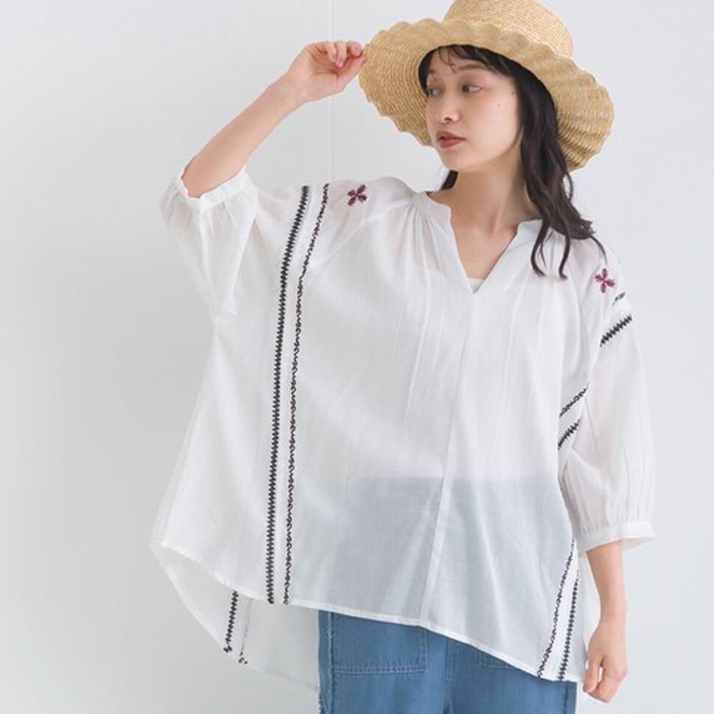 日本 Lupilien - 100%印度棉 肩部刺繡休閒短袖上衣-白色