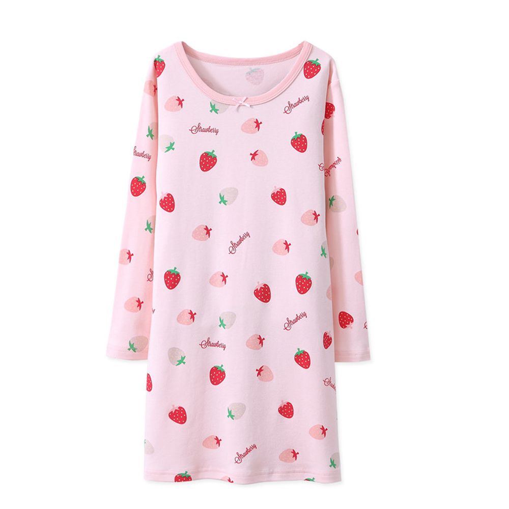 MAMDADKIDS - 純棉長袖睡裙-滿滿草莓-粉色