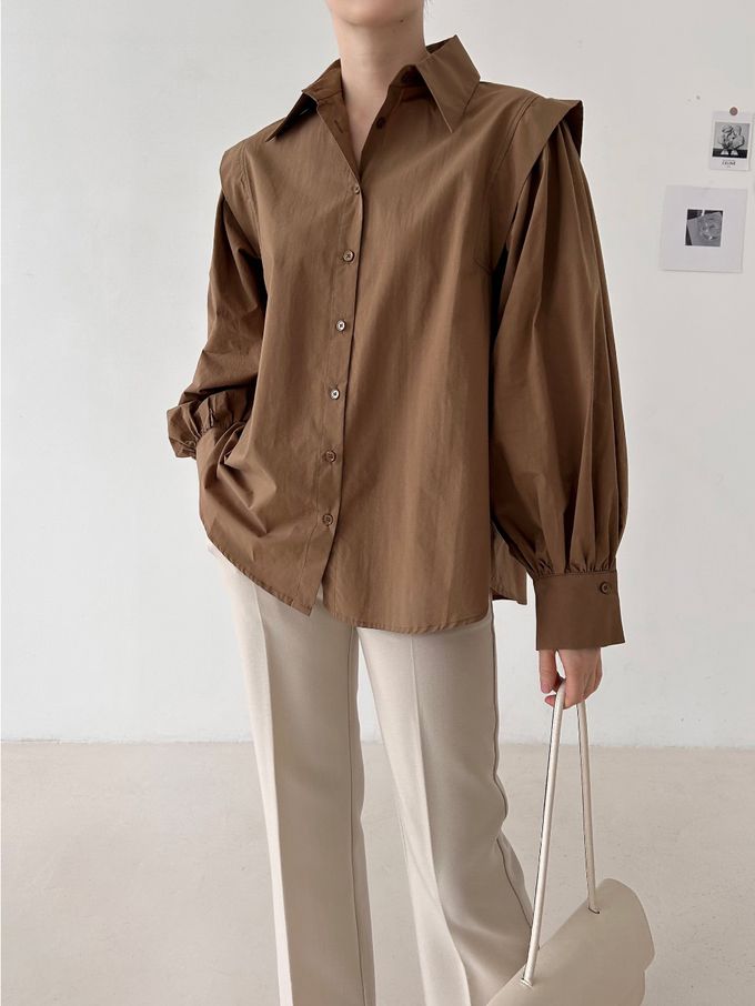 韓國女裝連線 - 知性拼接感長袖襯衫-咖啡 (FREE)