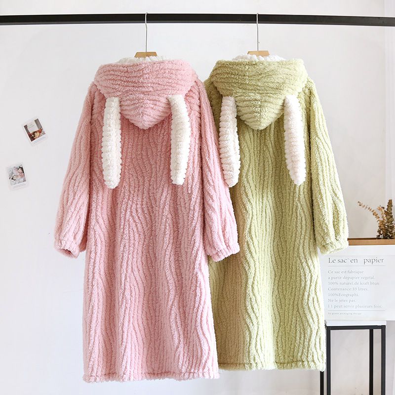 法蘭絨造型暖暖連身睡袍-兔子耳朵-米白色