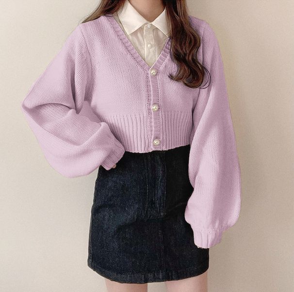 日本 GRL - 公主珍珠釦泡泡袖針織外套-天使白 (F)