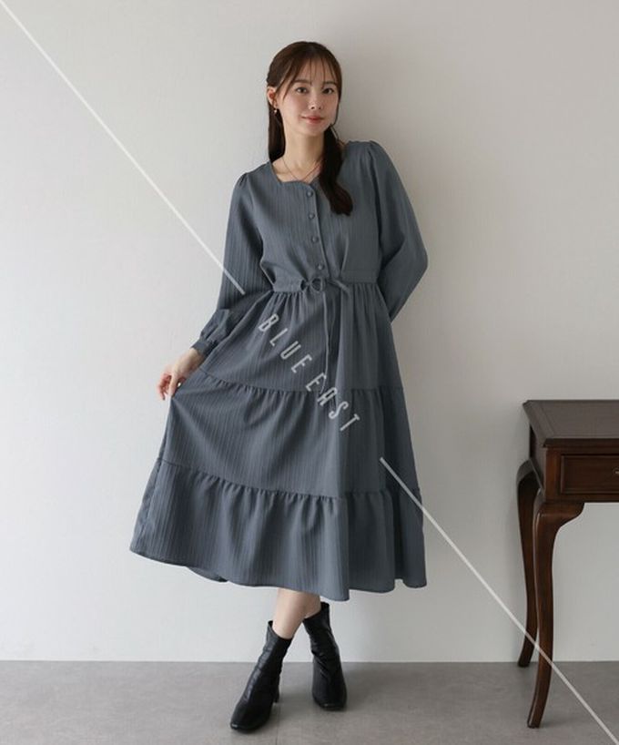 日本 BLUE EAST - 美型桃心領腰綁帶分層泡泡袖洋裝-黑