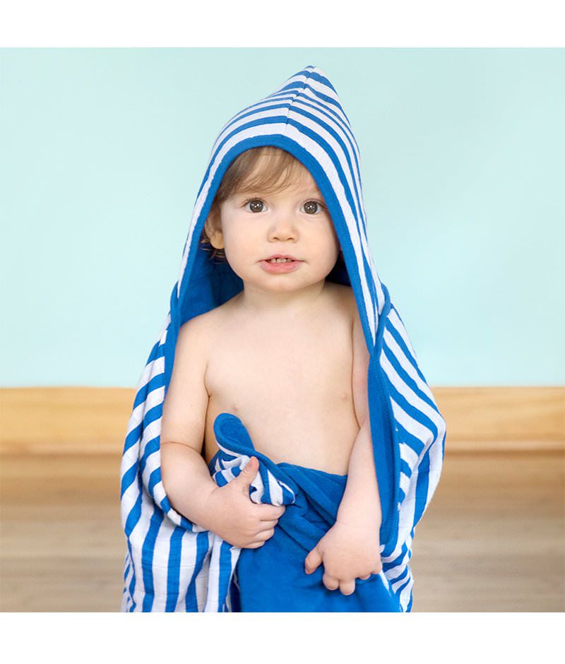 美國 green sprouts - 小綠芽有機棉細紗布連帽浴巾/包巾-藍