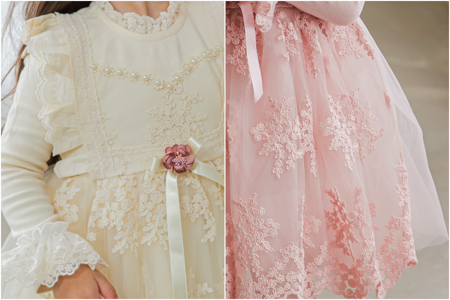 韓國 mari an u - 蕾絲袖口雕花紗裙洋裝-粉紅