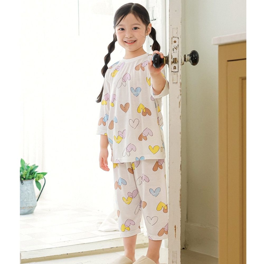 親膚莫代爾7分袖家居服/睡衣-繽紛手繪愛心-米白