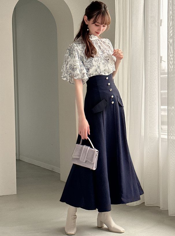 日本 GRL - 奧黛莉赫本金釦修身長裙-海軍藍