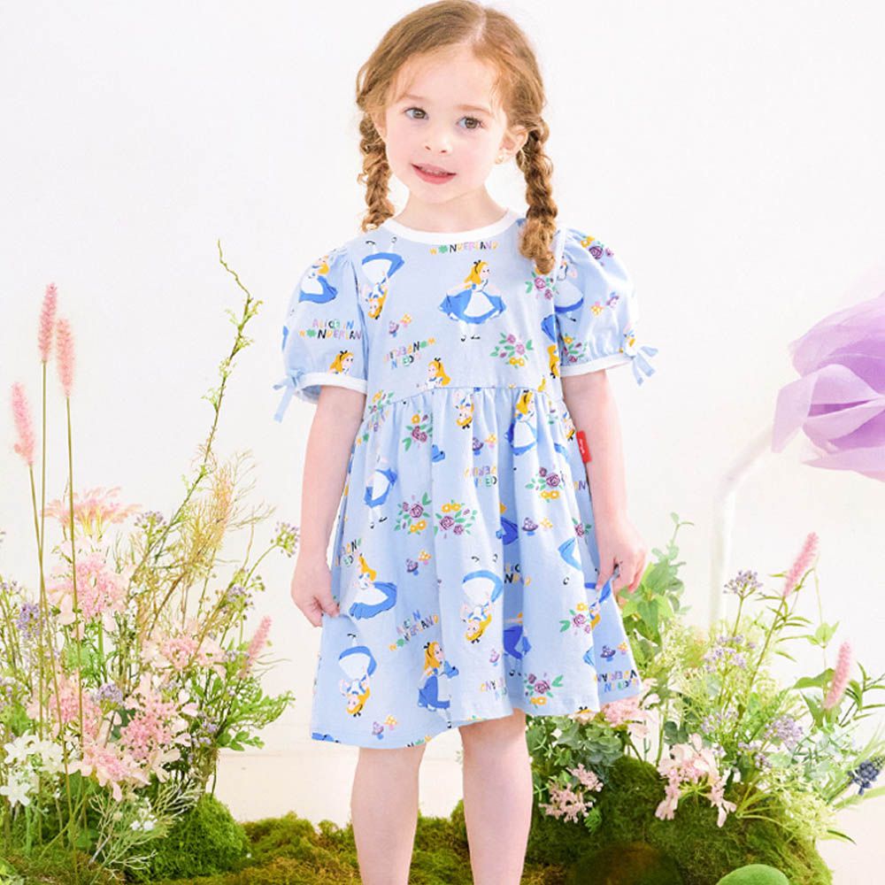 (聯名款)仙境公主泡泡短袖洋裝-卡通人物愛麗絲-淺藍紫