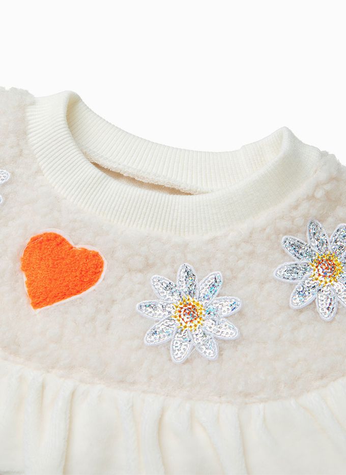 韓國 OZKIZ - 閃亮雛菊波浪暖絨長袖大學T-象牙白