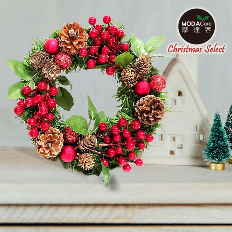 MODACore 摩達客 - 耶誕-台製歐風典雅10吋大地盛宴紅球果松果聖誕花圈_福臨圈(免組裝/台灣設計手工藝製) 本島免運費