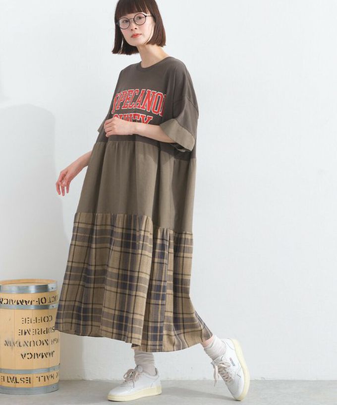 日本 Lupilien - 復古學院風 撞色格子拼接短袖洋裝-藍綠