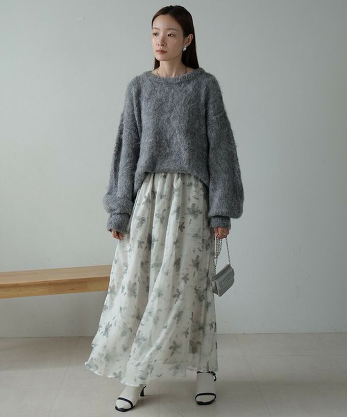 日本 Bab - 溫柔印象花卉雪紡長裙-淺灰
