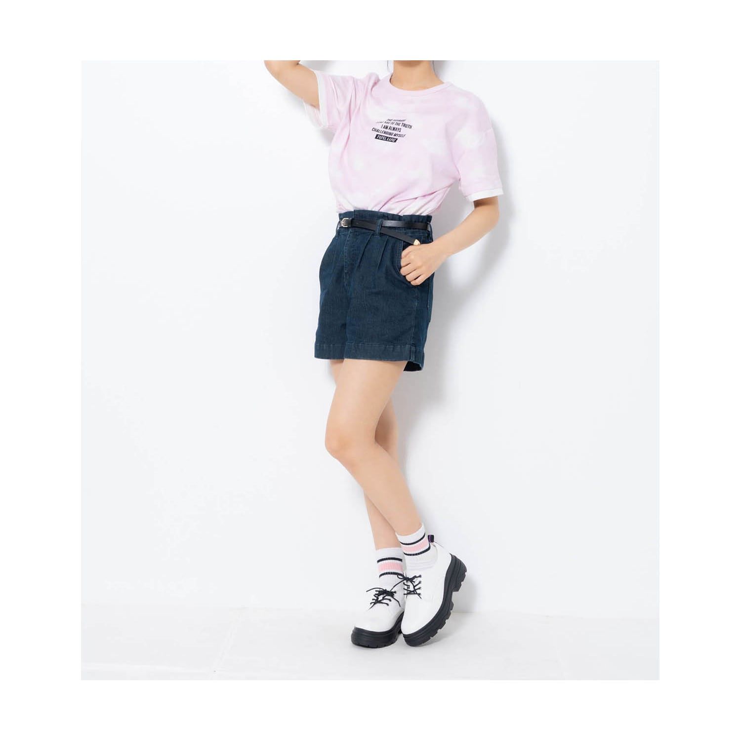 日本 Papel lapiz - 附皮帶腰荷葉邊休閒短褲(腰圍可調)-象牙米