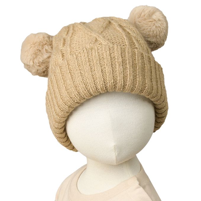 akachan honpo - 麻花編針織帽-毛球-淺卡其色