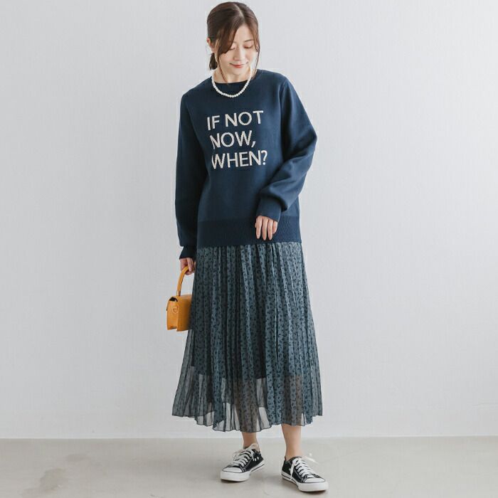 日本 ihuu - 百搭圓領印花針織上衣-深藍