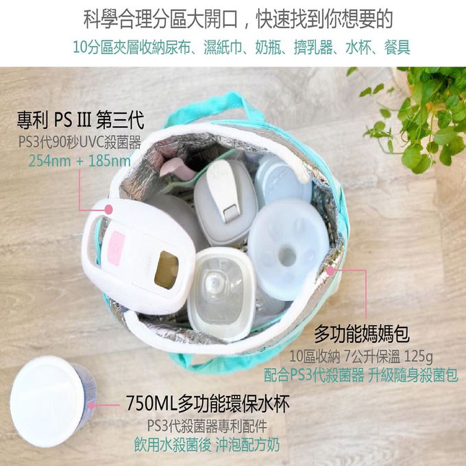 AcoMo - PS3旅行3件組 PS III 90秒可攜式奶瓶奶嘴消毒器-(90秒殺菌器+750ML環保水杯+媽媽包)-藍 (3件組)-850g