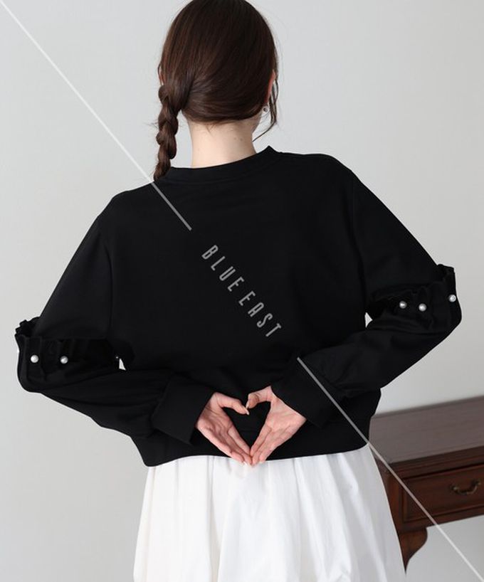 日本 BLUE EAST - 可愛珍珠皺摺造型寬版長袖上衣-白