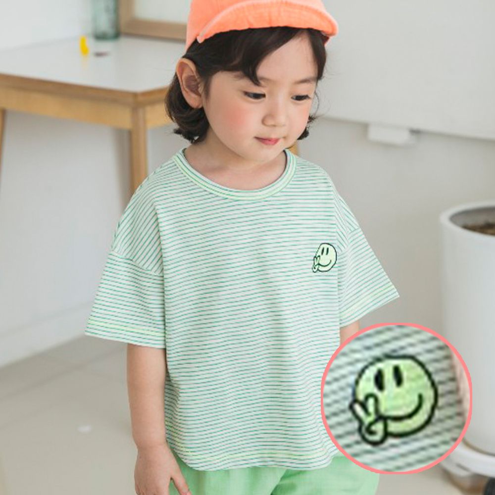 韓國 Mimico - 條紋刺繡笑臉T-薄荷綠