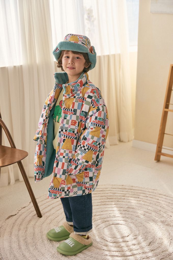 韓國 Mimico - (附帽子)格子飛行船羊羔絨外套-米色內裡