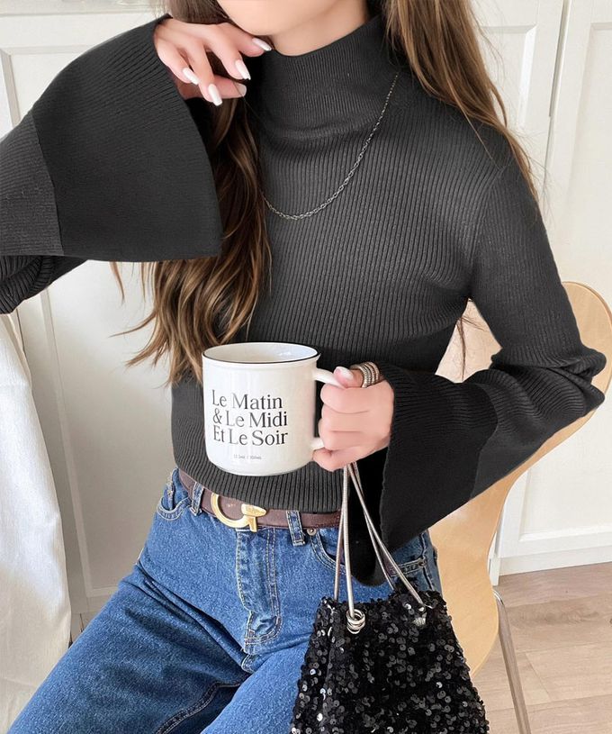 日本 Classical Elf - 羅紋修身高領喇叭袖上衣-淺灰x深棕