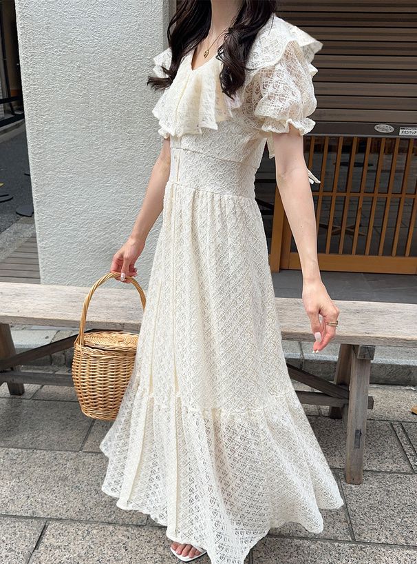 日本 GRL - 浪漫時光蕾絲雕花短袖洋裝-黑 (F)