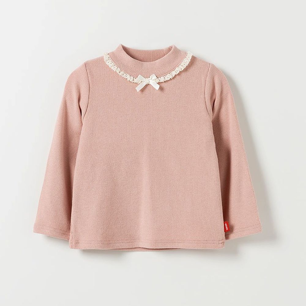 小蝴蝶結蕾絲裝飾領彈性長袖上衣-粉