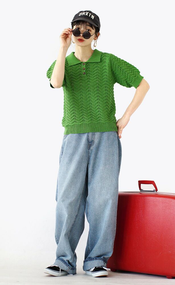 日本 zootie - 人字紋鉤針翻領短袖上衣-米杏