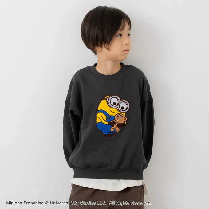 日本 Chil2 - 限量聯名 裏毛印花大學長袖上衣-卡通人物小小兵-立體刺繡-炭灰