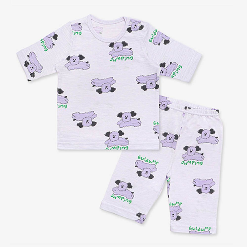 韓製莫代爾透氣7分袖家居服-跳躍狗狗-淺紫