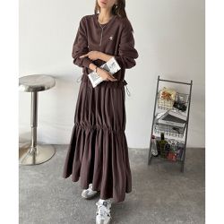 日本 Classical Elf - logo刺繡休閒抽繩皺摺長袖洋裝-咖啡