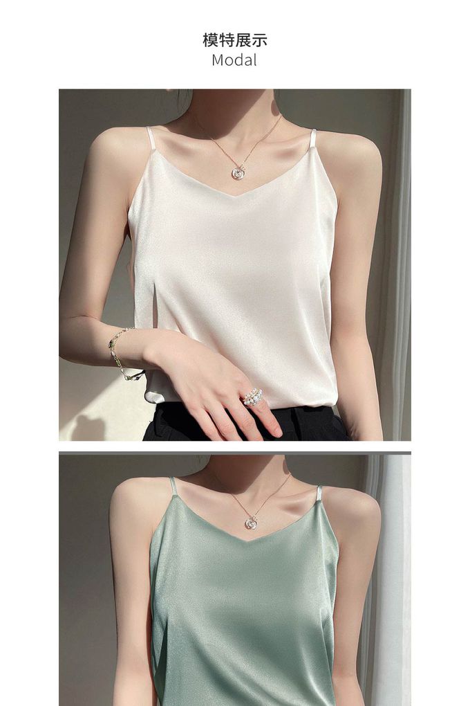 香茉 CHANMODE - V型領修飾臉型！冰絲緞面一體式涼爽夏日背心式內衣(無罩杯)-黑色