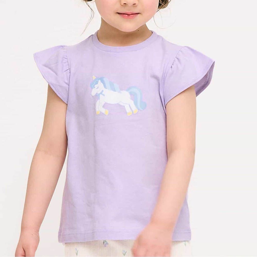 清爽印花荷葉短袖上衣-獨角獸-薰衣草紫