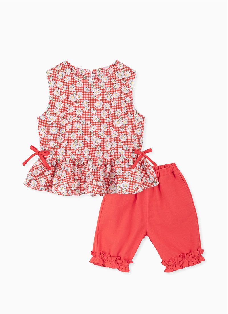 韓國 OZKIZ - 紅格子小白花無袖套裝