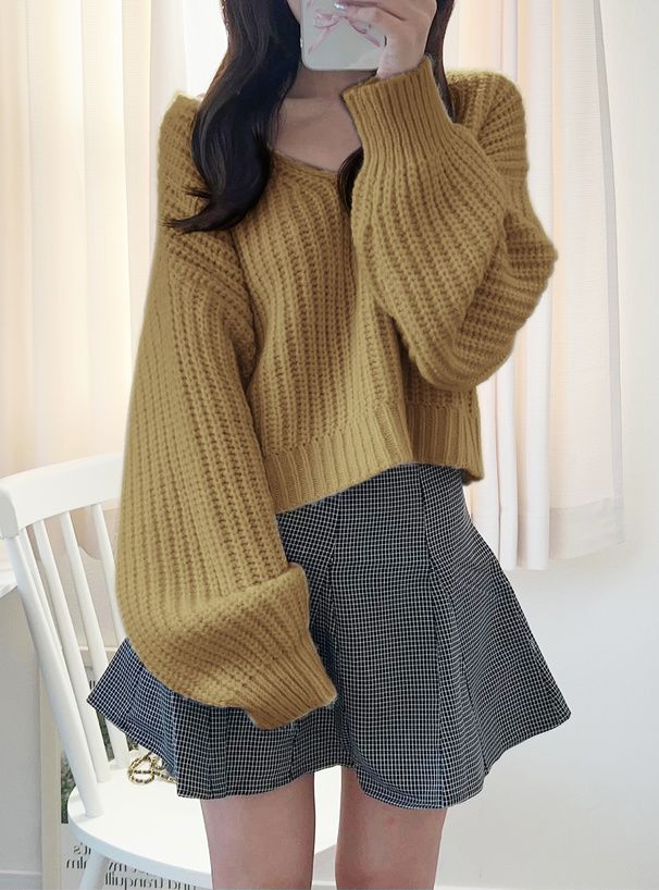 日本 GRL - 聯名款 V領鉤針編輯泡泡袖毛衣-卡其 (F)