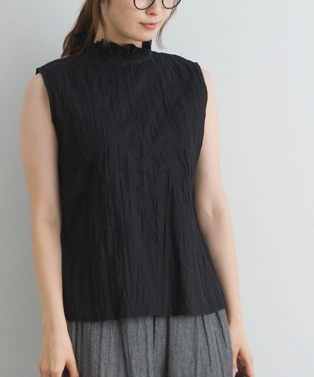 日本女裝代購 - 木耳領楊柳感無袖上衣-直條紋-深灰藍