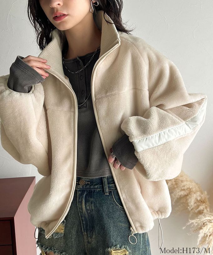 日本 Classical Elf - 率性立領絨面拼接大寬袖夾克-米白