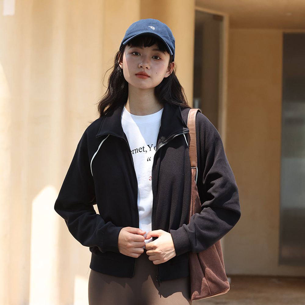 顯瘦落肩雙開拉鍊休閒外套-經典黑