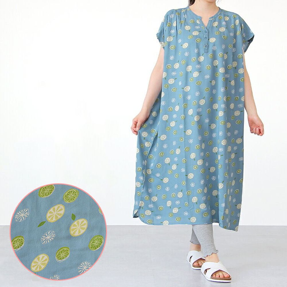 日本涼感服飾 - COOL 涼感柔軟舒適家居短袖洋裝/睡衣-檸檬-水藍 (M-L Free)
