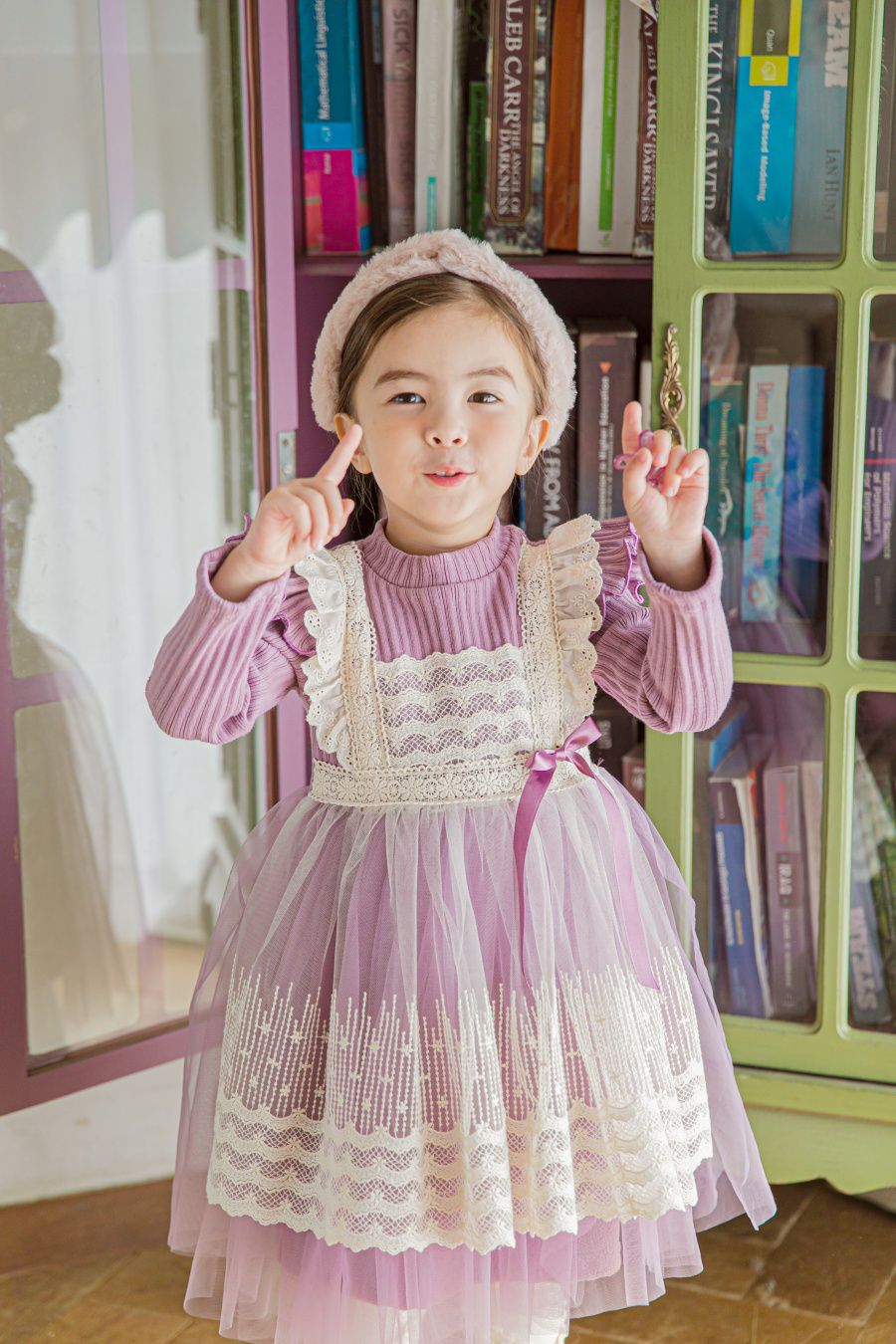 韓國 mari an u - (裏起毛)假蕾絲圍裙立體領網紗洋裝-薰衣紫