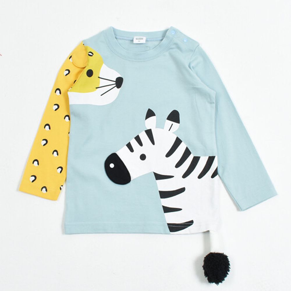 日本 Baby Room - 純棉立體翻翻樂長袖上衣-斑馬與獵豹-水藍