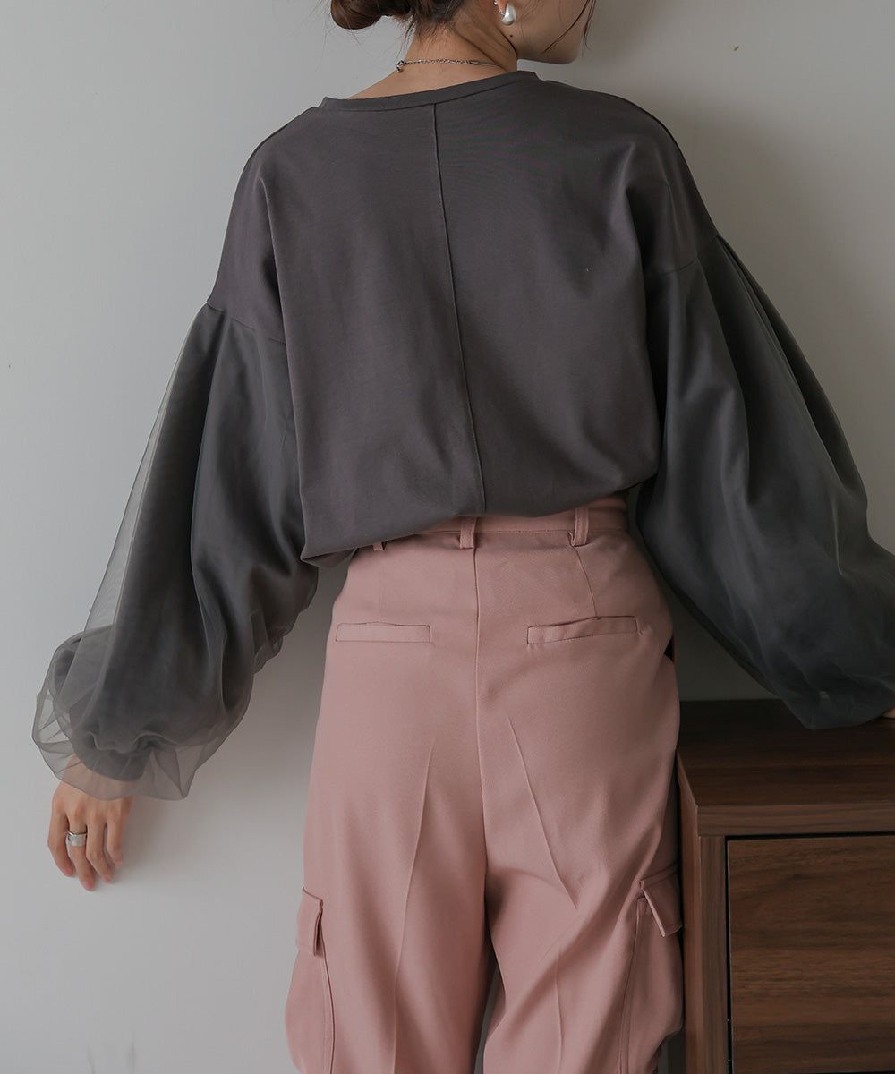 日本 Bab - 優雅拼接薄紗長袖上衣-深灰