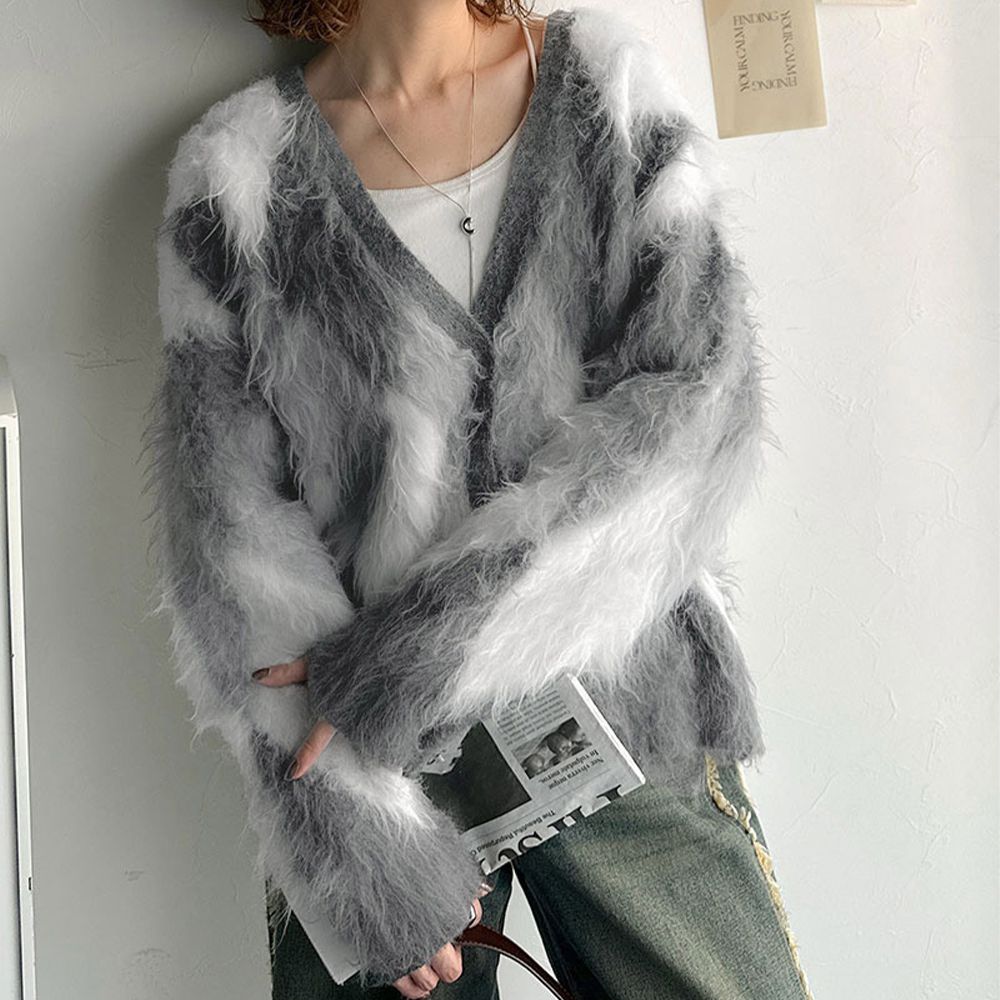 浪漫毛海菱格針織開襟衫-灰系