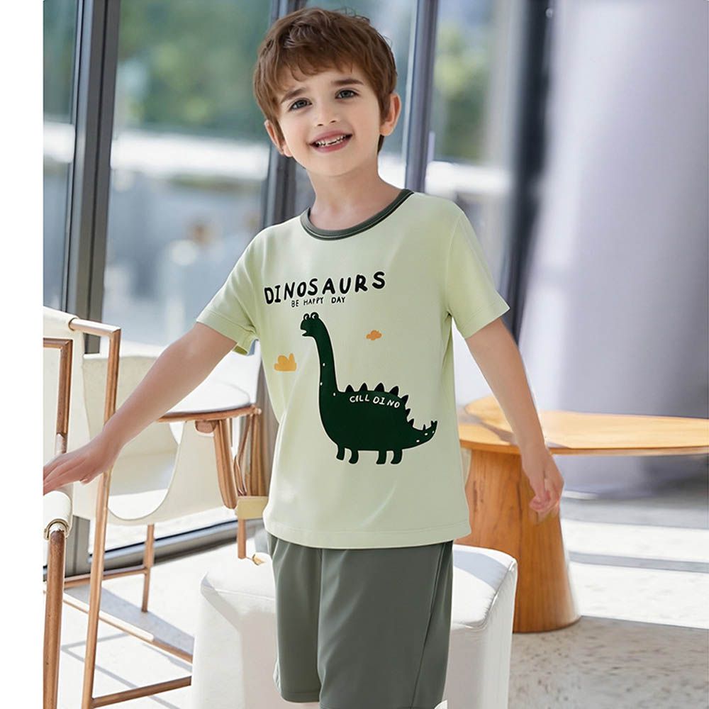 涼感莫代爾短袖套裝/家居服-恐龍-綠色