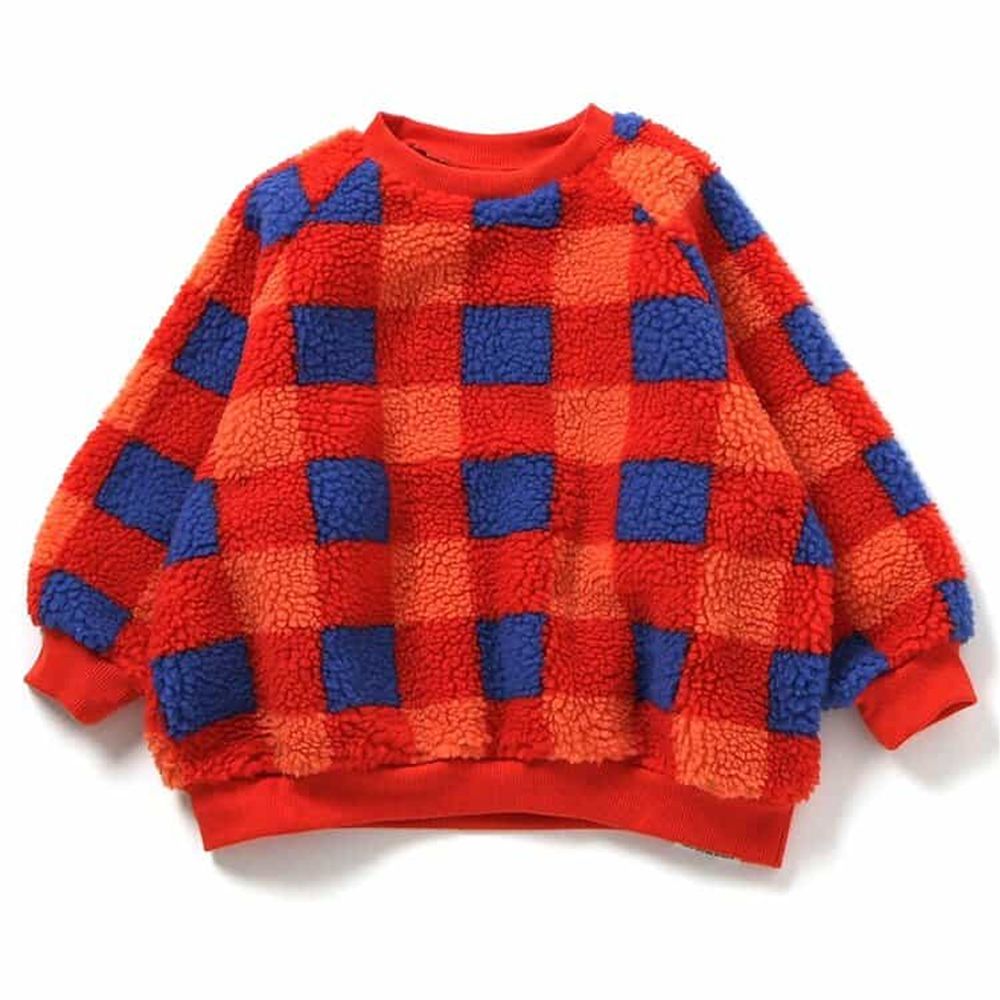 繽紛印花毛毛縮口長袖上衣-格子-橘X藍