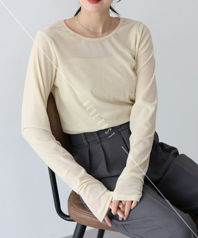 日本 BLUE EAST - 透明感光澤絨面船領長袖上衣-(指孔設計)-靛藍