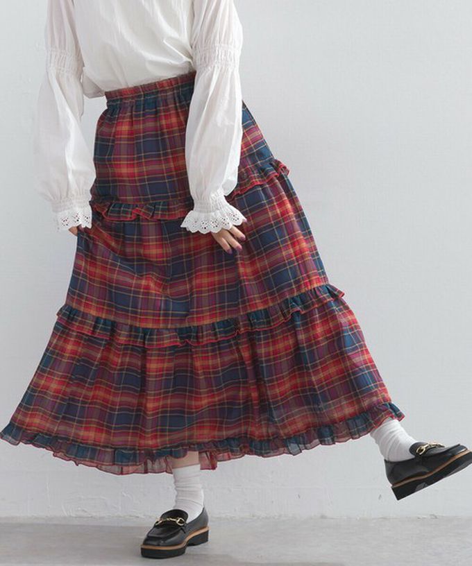 日本 Lupilien - 精緻格紋輕盈感分層俏麗長裙-紅