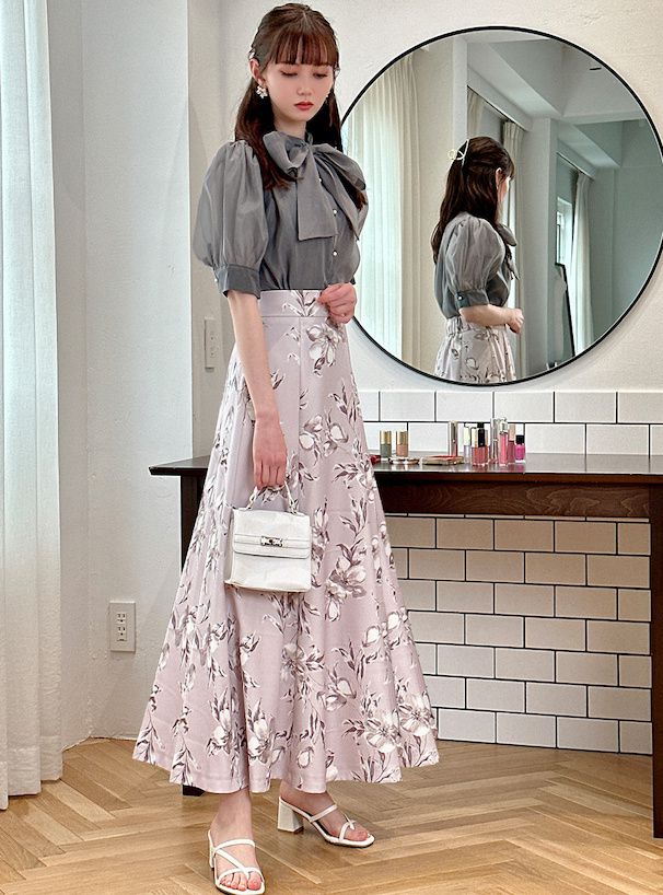 日本 GRL - 優雅光澤感蝴蝶結短袖襯衫-石墨灰 (F)